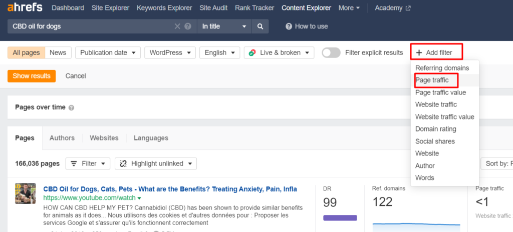 Content Explorer Tool's Page Traffic Filter